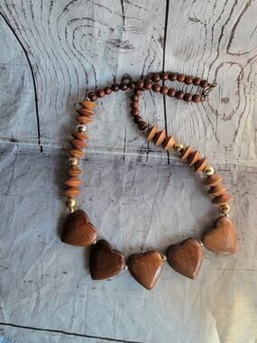 Vintage Wooden Beads Chunky Necklace wood Hearts Gold Tone Beads MCM Boho Style